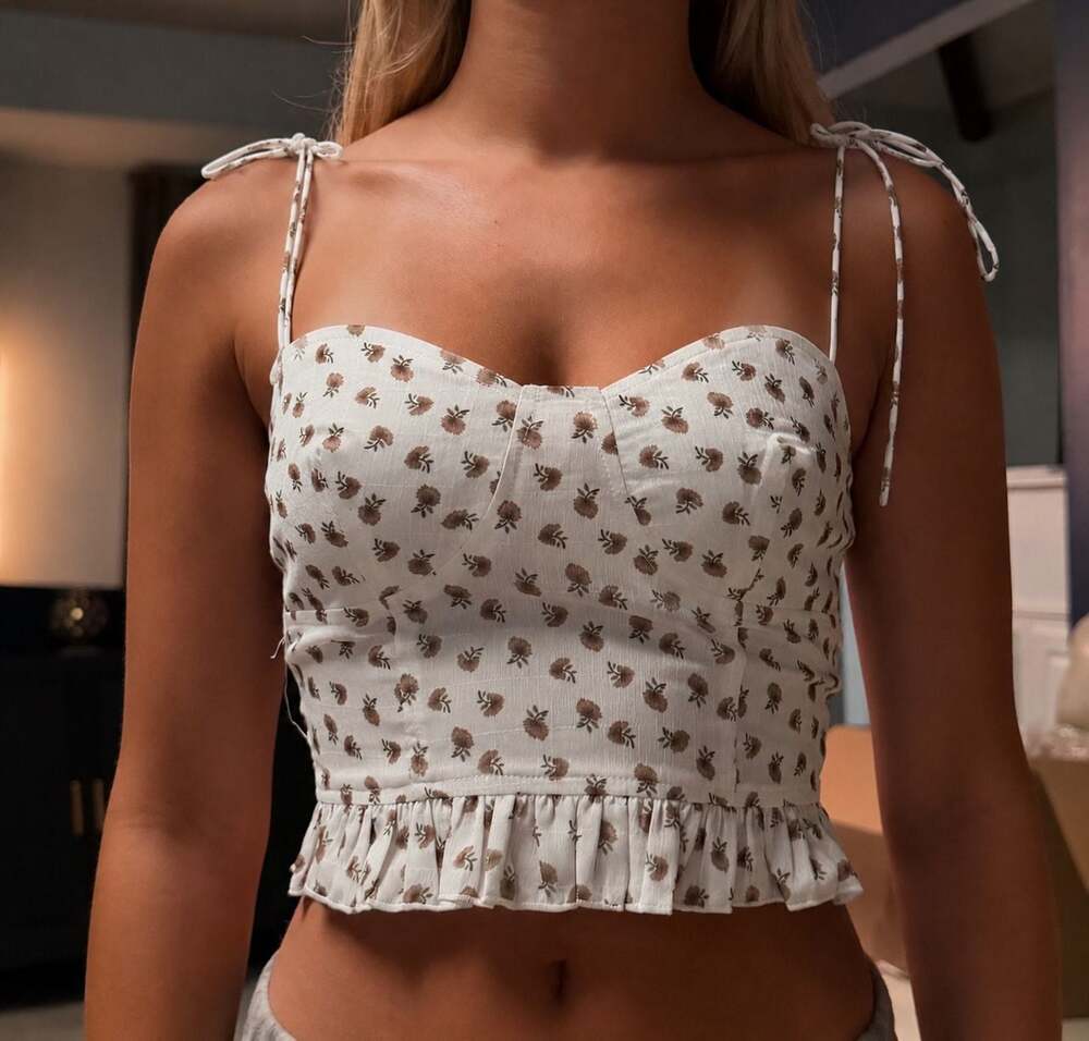 NWT Vintage Inspired Y2K Floral Print Corset Cami Crop Top with Frill Hem